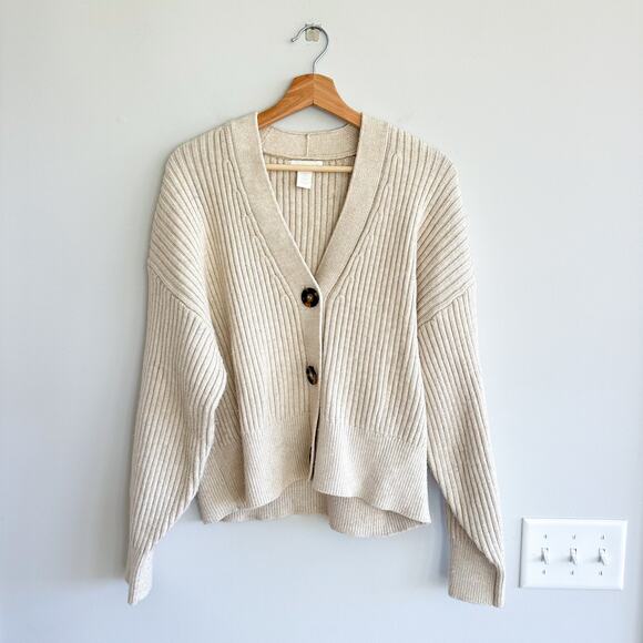 H&M Ribbed Knit Button-Front V-Neck Long Sleeve Cardigan Cream M - Picture 1 of 8